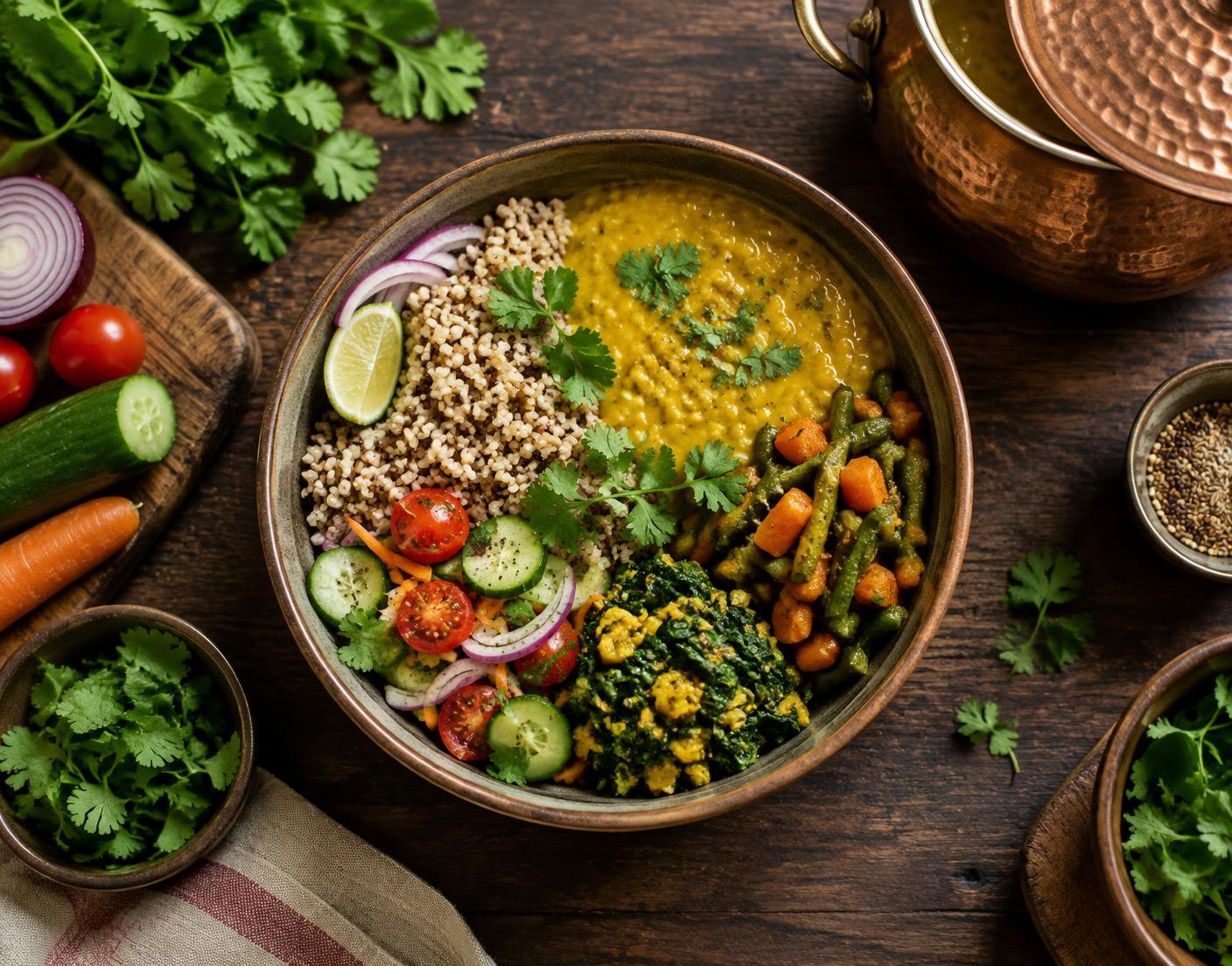 A nutritious Indian meal bowl with fresh vegetables and grains