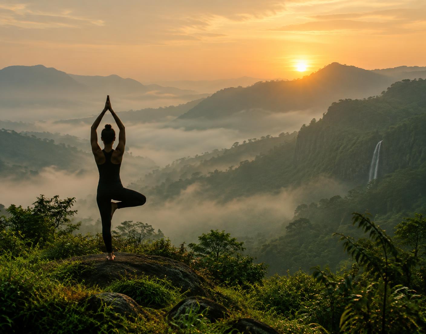 Practising yoga at sunrise among misty green hills